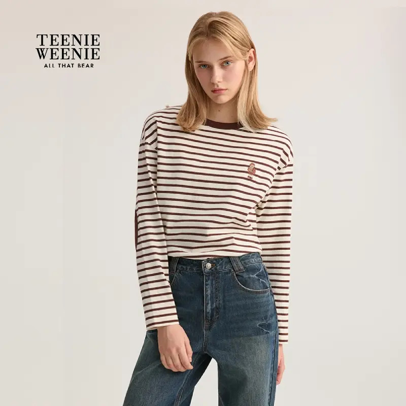 TeenieWeenie小熊女装T恤25秋新款撞色俏皮条纹长袖女TTLS254906P