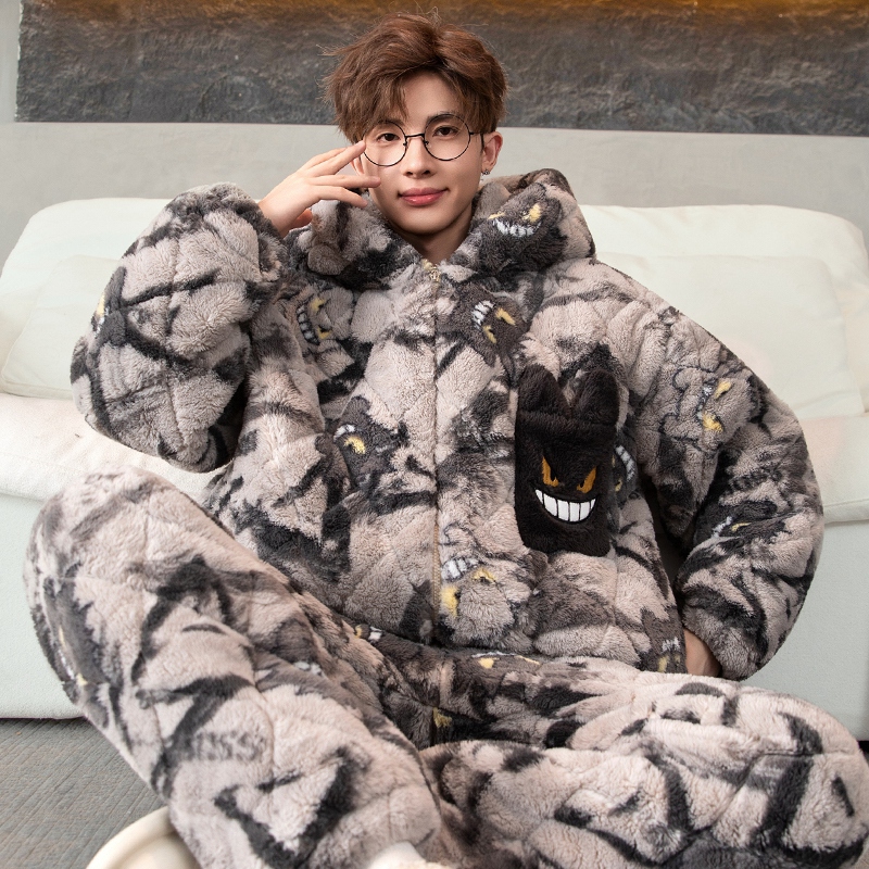 YUZHAOLIN/俞兆林时尚卡通可外穿男士冬季珊瑚绒三层夹棉连帽睡衣