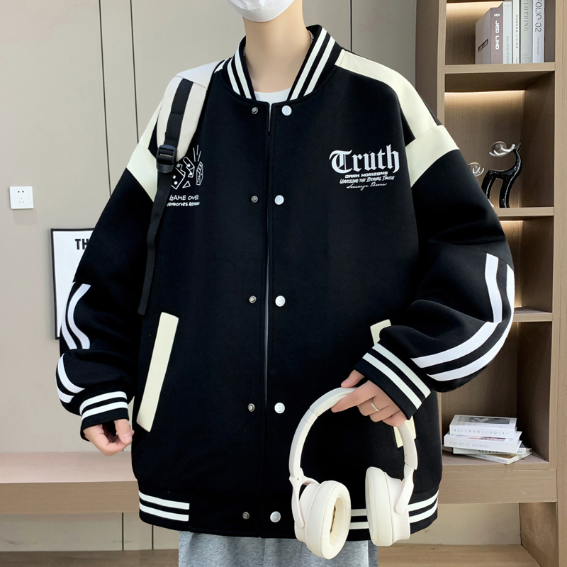 棒球服外套男春秋季学院风帅气印花夹克青少年美式宽松休闲上衣服