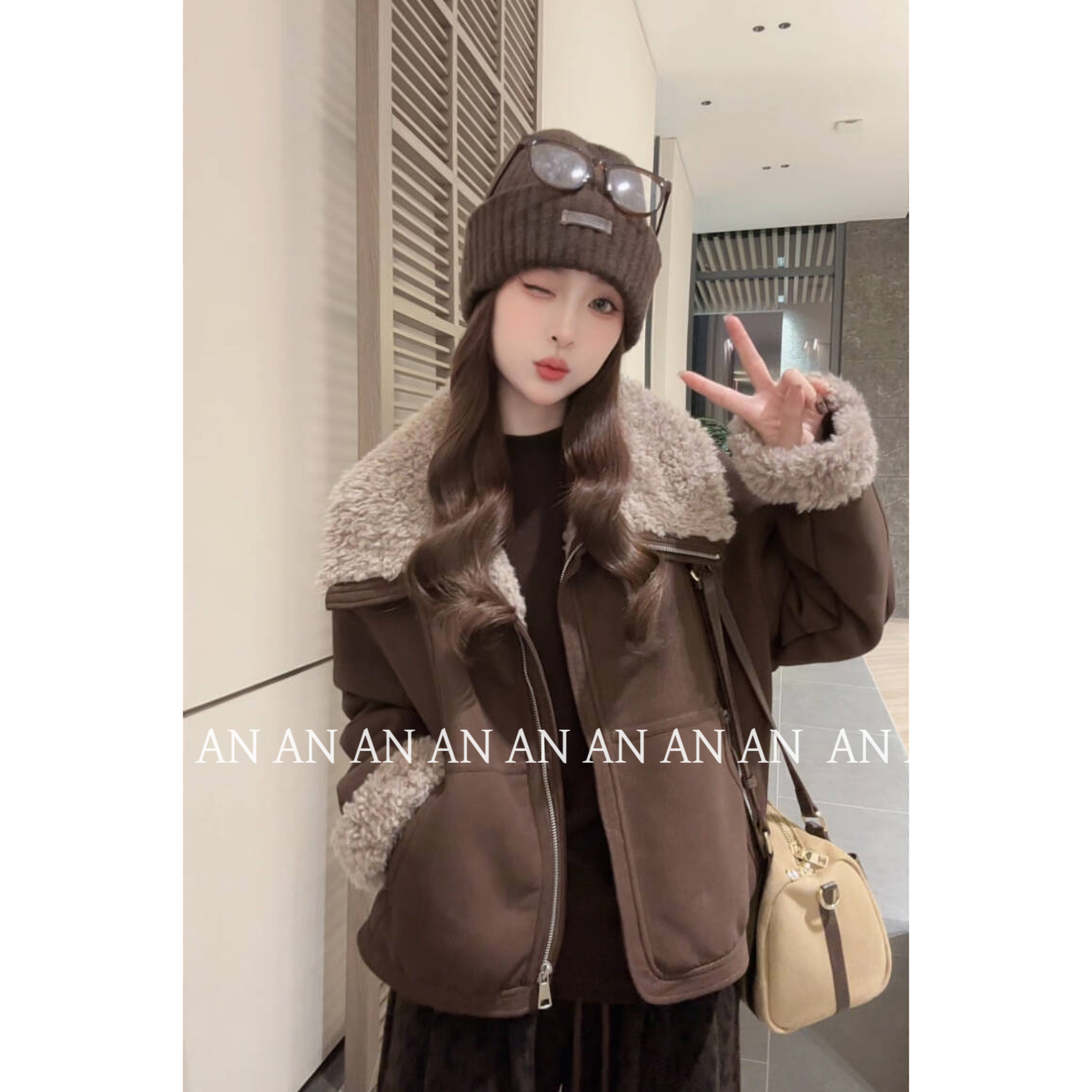 C11008复古高级感轻奢宽松酷潮拉链口袋毛领夹克皮外套