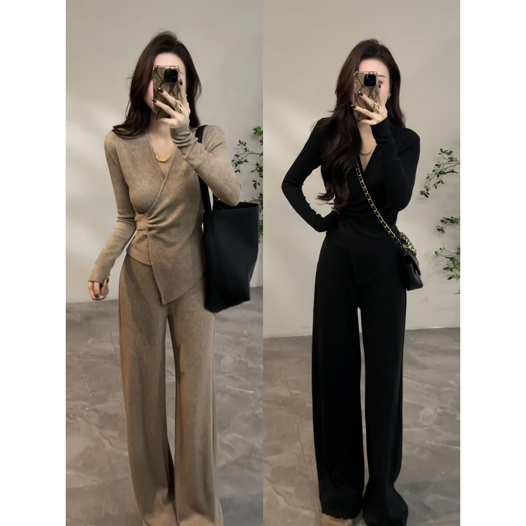 简约风法式V领不规则交叉上衣裤子休闲套装高腰修身新款时尚秋季