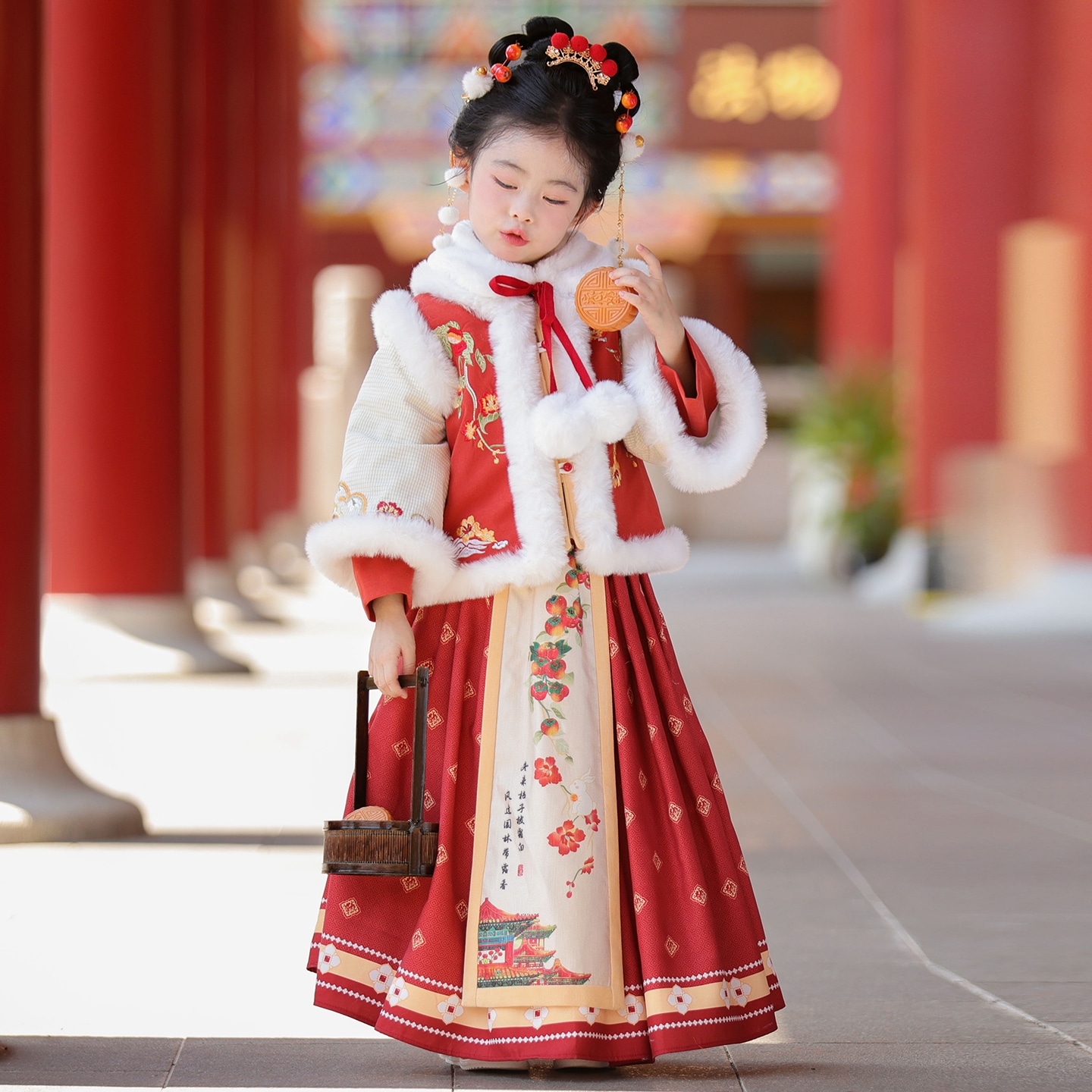 SL3276汉服冬季女童儿童拜年服宝宝国风喜庆马面裙套装新年衣服