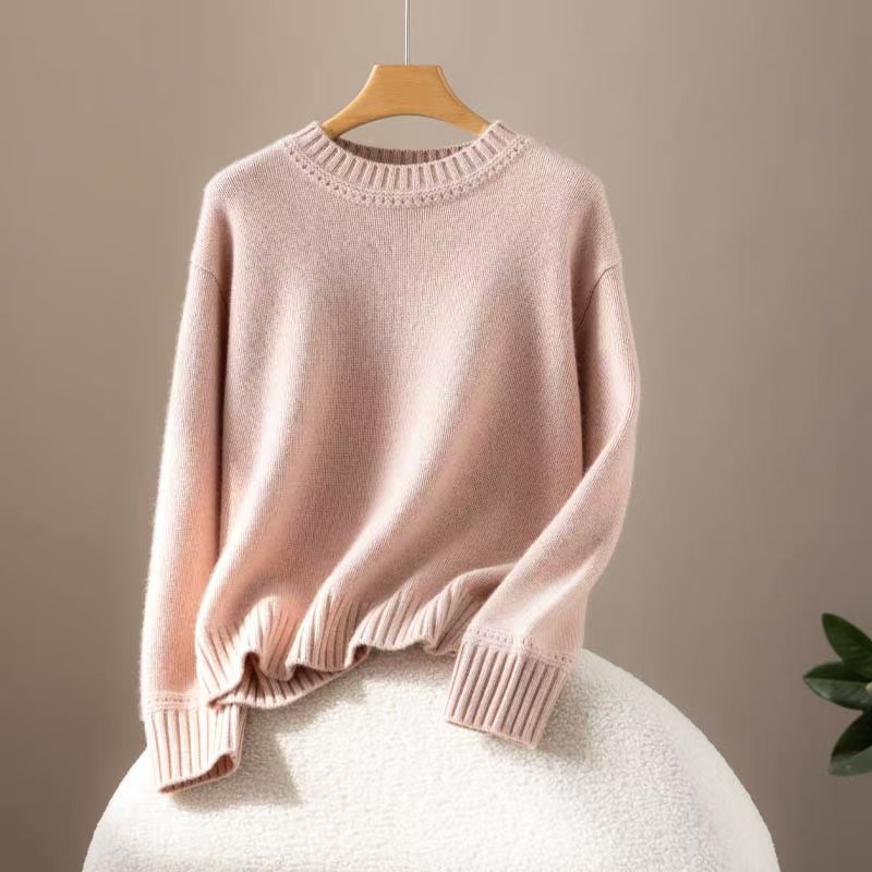 100%纯山羊绒羊绒衫针织五针加厚女款宽松版套头衫