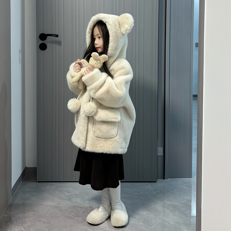 秋冬女童毛毛外套仿皮草连帽中长款仿水貂绒皮毛一体熊耳朵毛毛