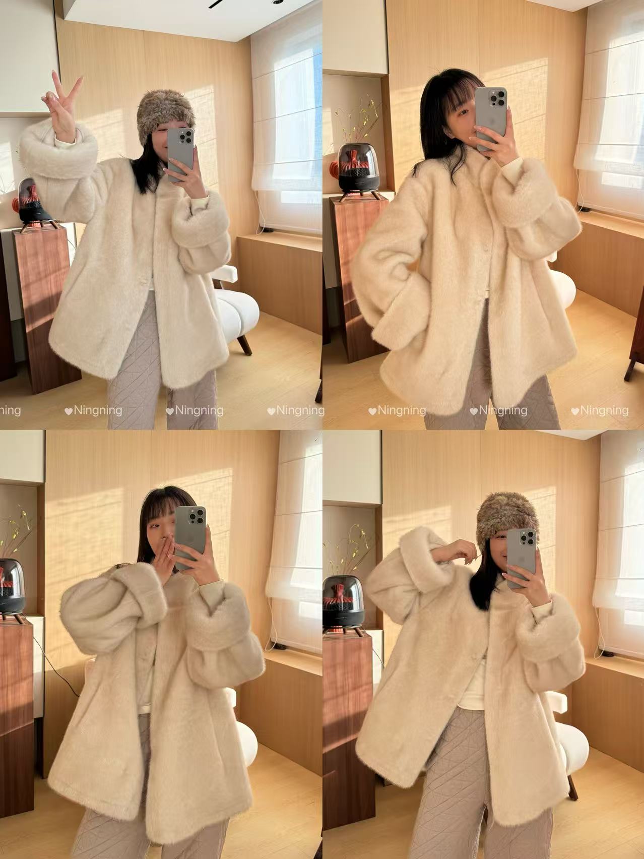 美腻精选双色毛尖款立领挽袖毛毛外套