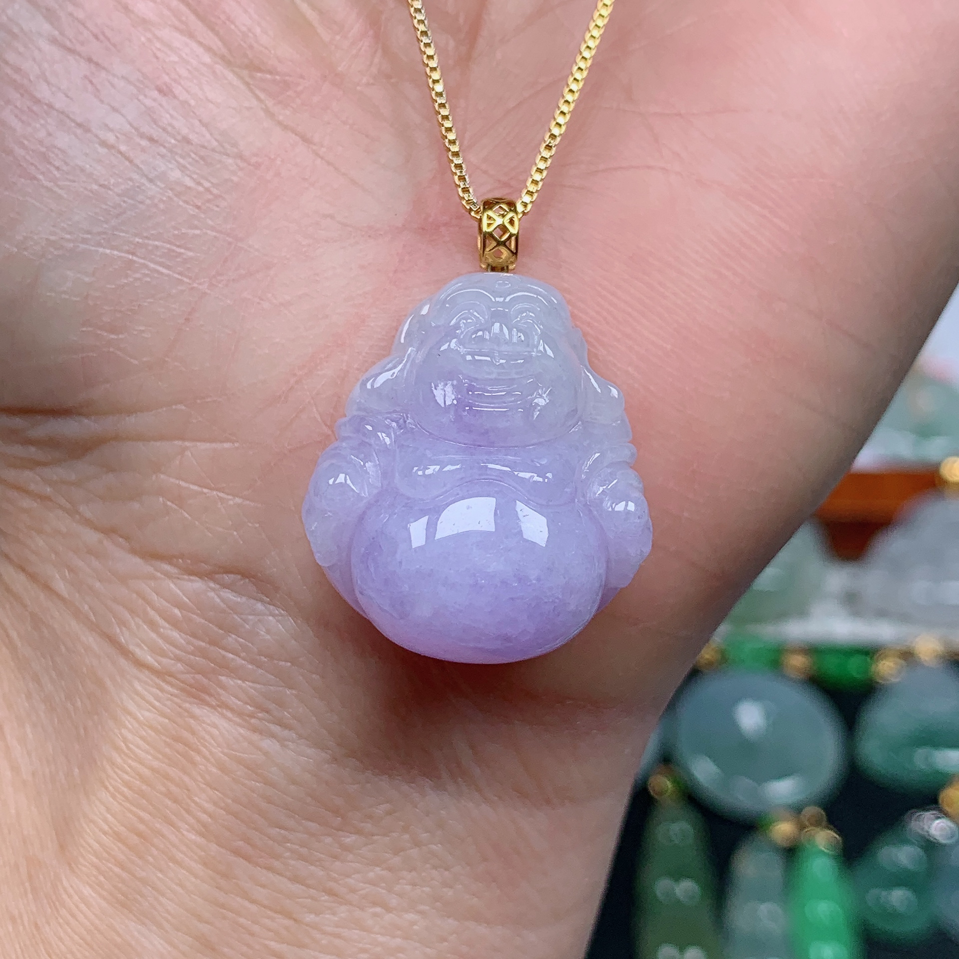 缅甸天然翡翠A货 冰润紫萝兰佛公29/114（尺寸23.4x21.2x12.4)