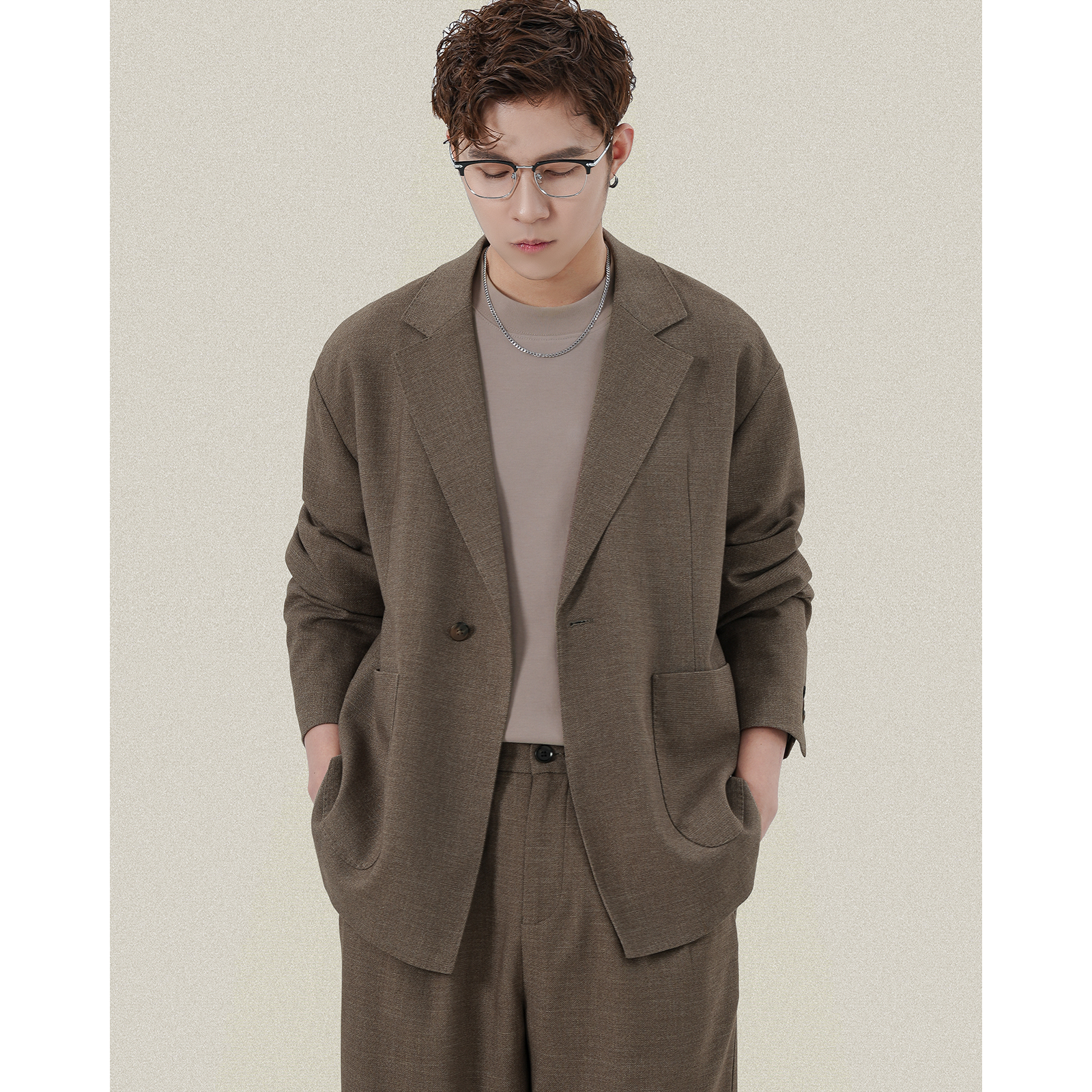 亚麻老钱风拱针西服两件套复古高级感休闲西装套装男士