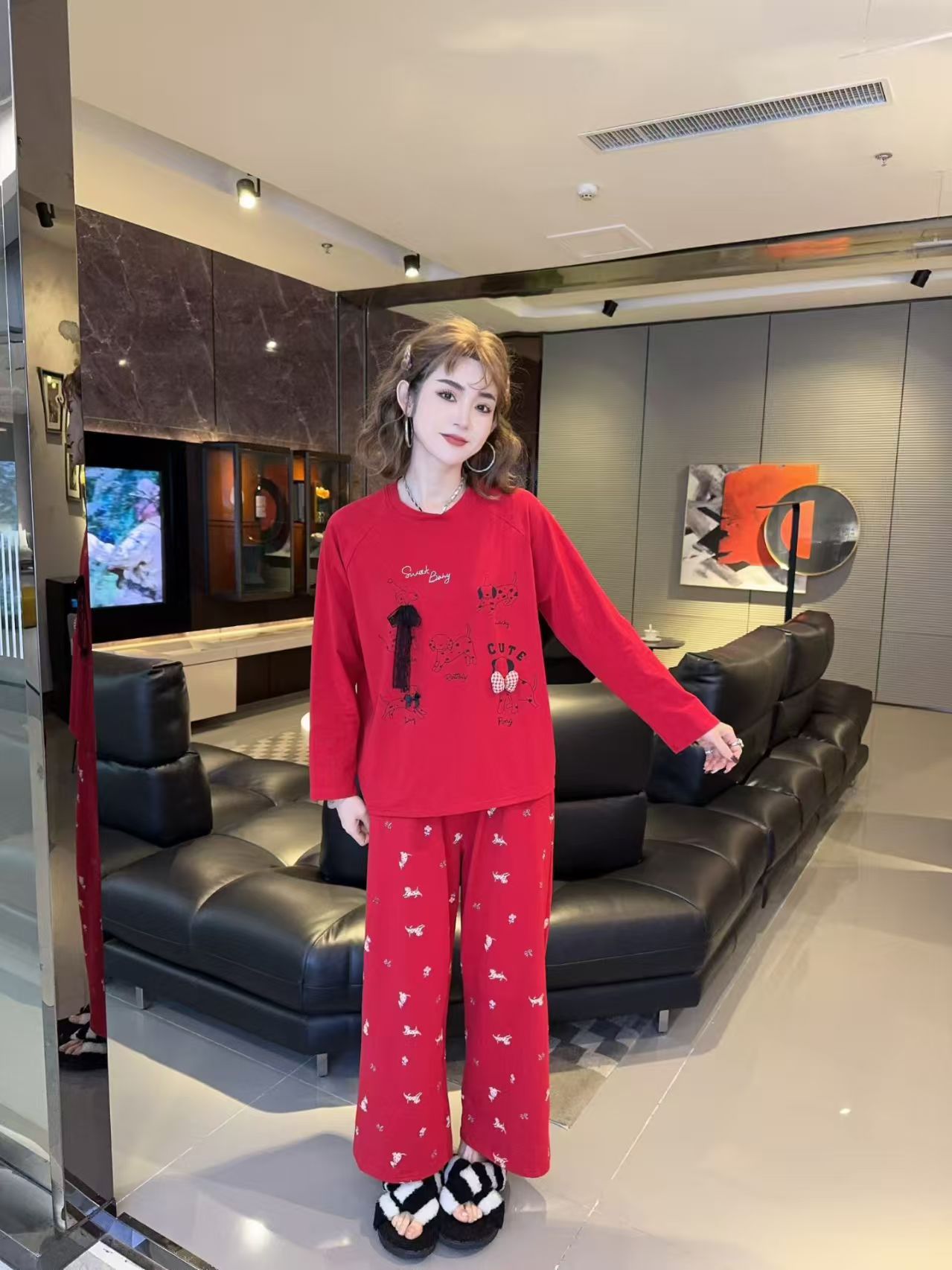 新款女士纯棉春秋长袖长裤睡衣2026喜庆本命年家居服宽松时尚套装