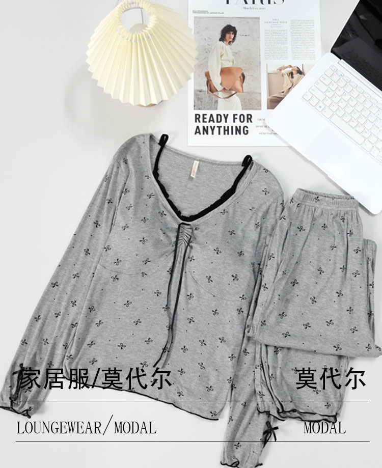 3312莫代尔棉女士睡衣秋冬带胸垫长袖女士时尚家居服睡衣女套装