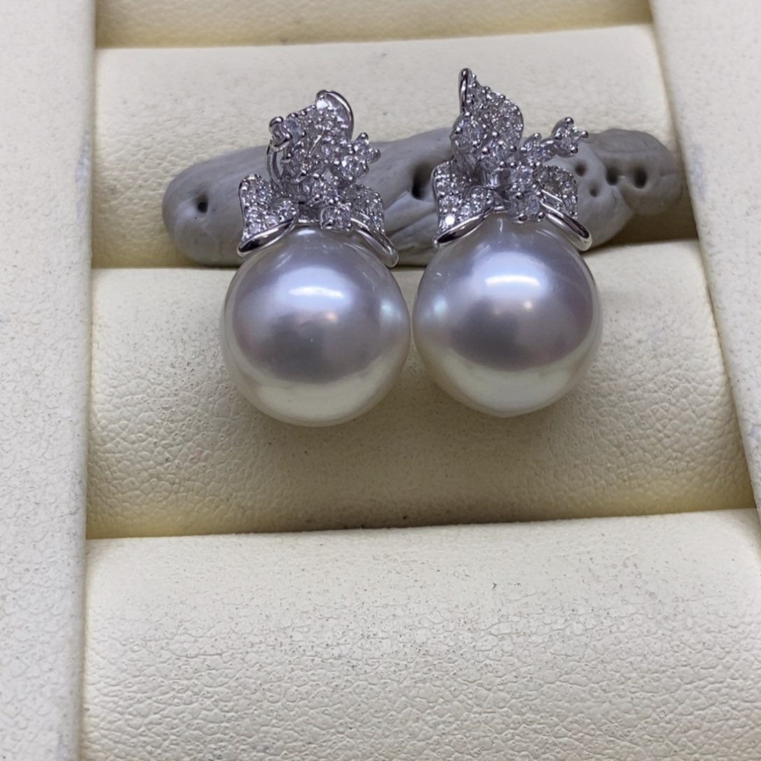 银S925镶嵌耳饰海水珍珠澳白耳饰11-12m m