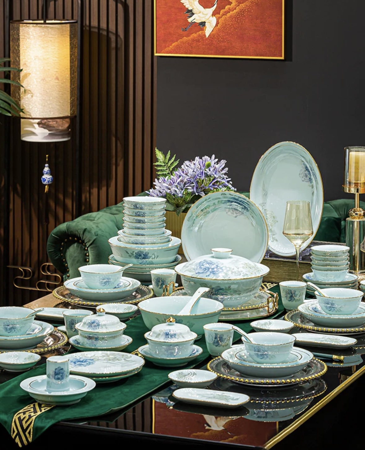 景德镇高温陶瓷青釉56头花开富贵餐具