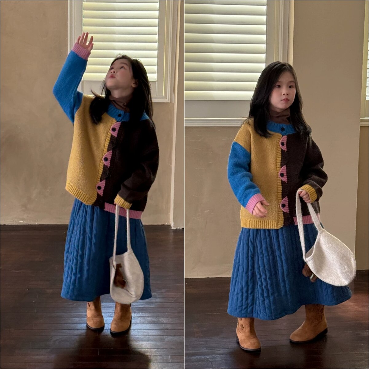 2025秋冬韩版女宝不规则撞色宽松毛衣儿童加厚绗棉文艺半身裙套装