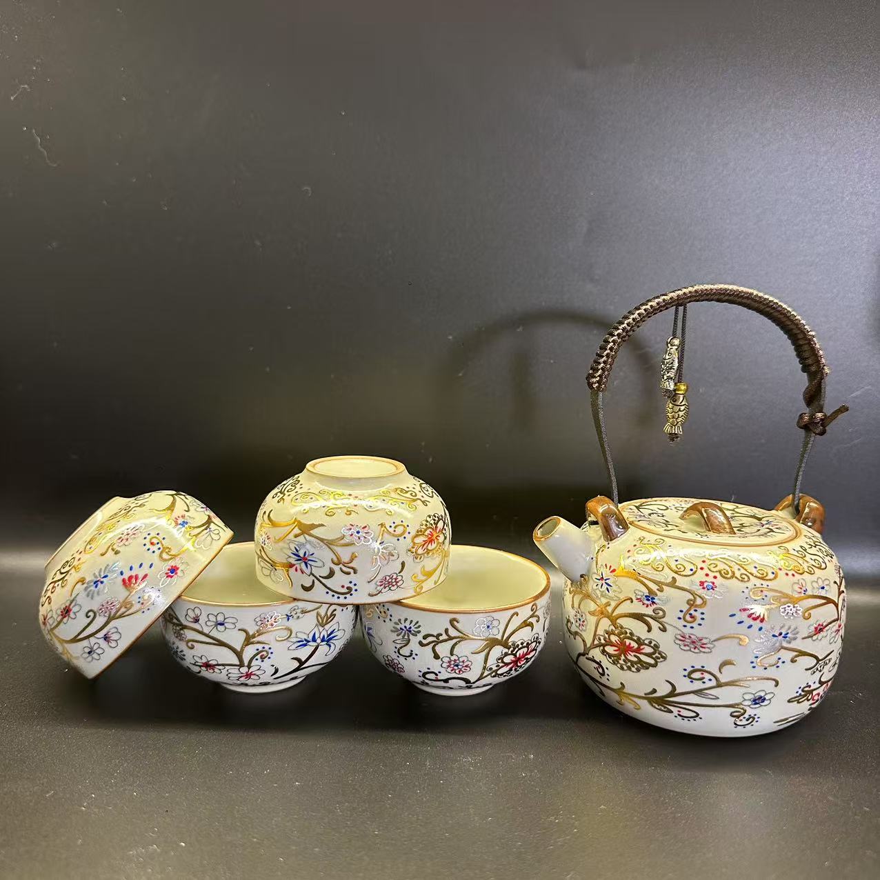描金牡丹缠枝提梁壶一壶四杯2270轻奢创意陶瓷欧式珐琅彩中式