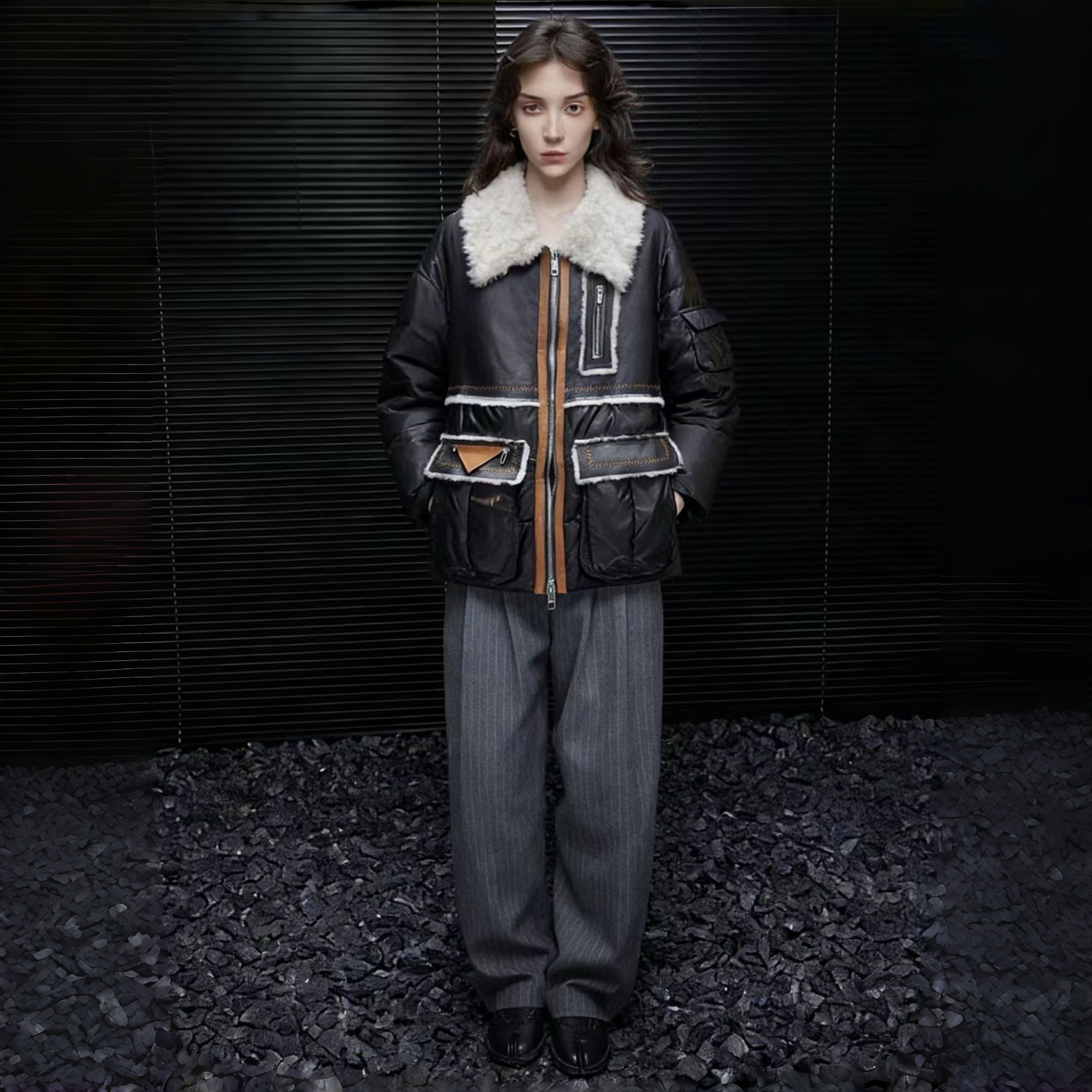 3035欧货原单尾货 皮毛拼接撞色 90白鸭绒羽绒服