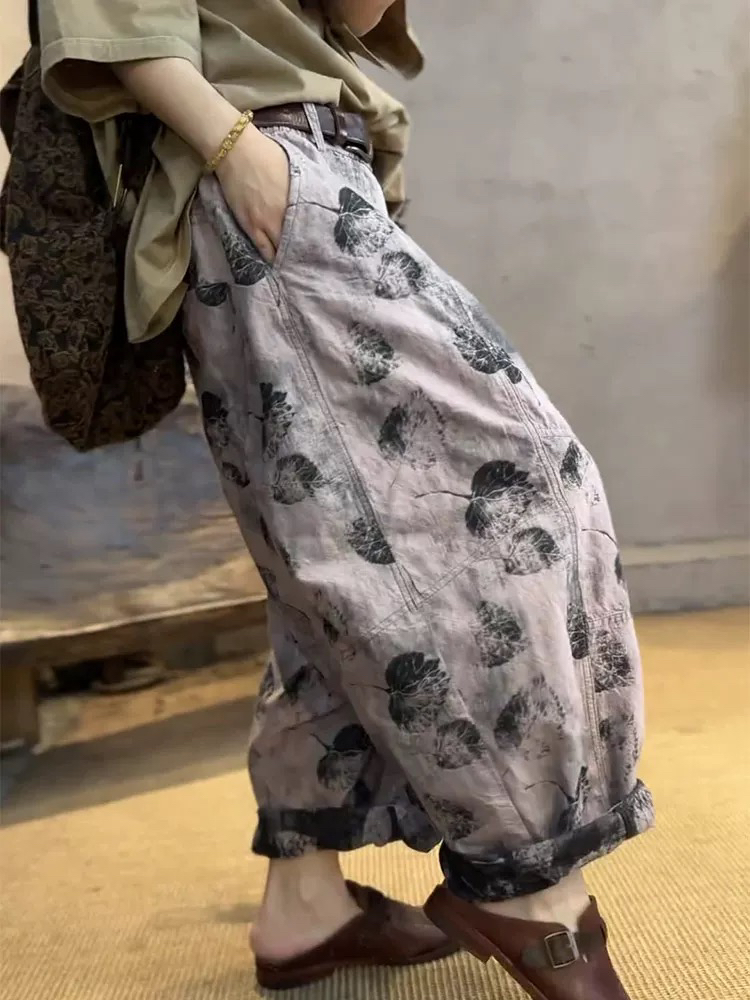 夏季新款双面提花宽松文艺印花百搭休闲裤忆古扑拙