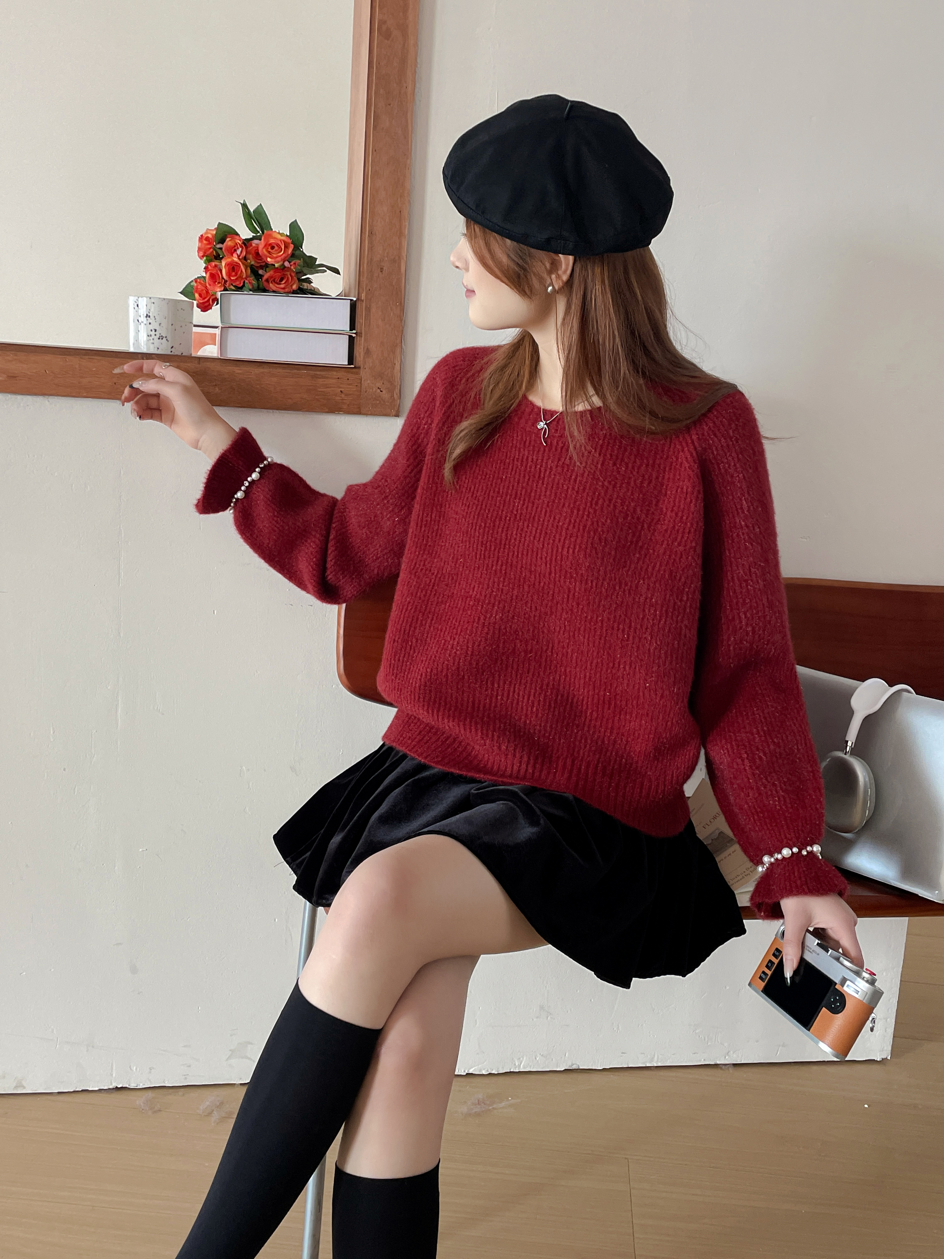 秋冬圆领针织毛针织衫百搭韩版纯色打底衫时尚休闲宽松慵懒风