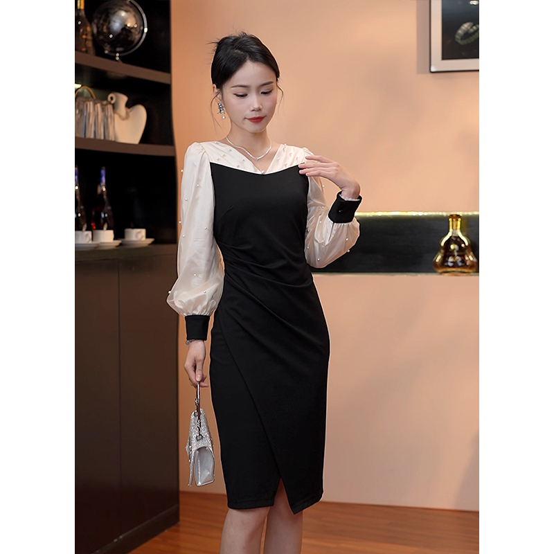 法式9979长袖气质珍珠轻奢伴娘服显瘦连衣裙