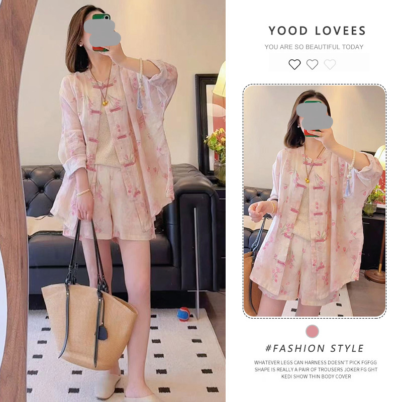 新中式国风女装粉色盘扣防晒衬衫阔腿短裤时尚套装女2025新款夏季