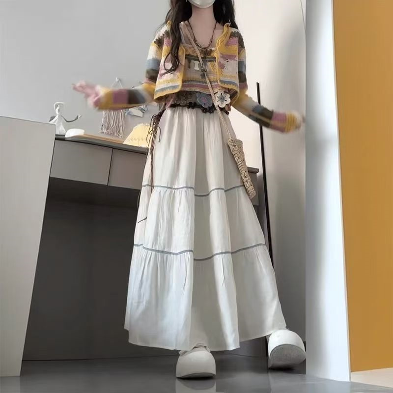 C-8951胖颖专属大码夏季新款胖mm针织镂空吊带+半身裙+开衫三件套