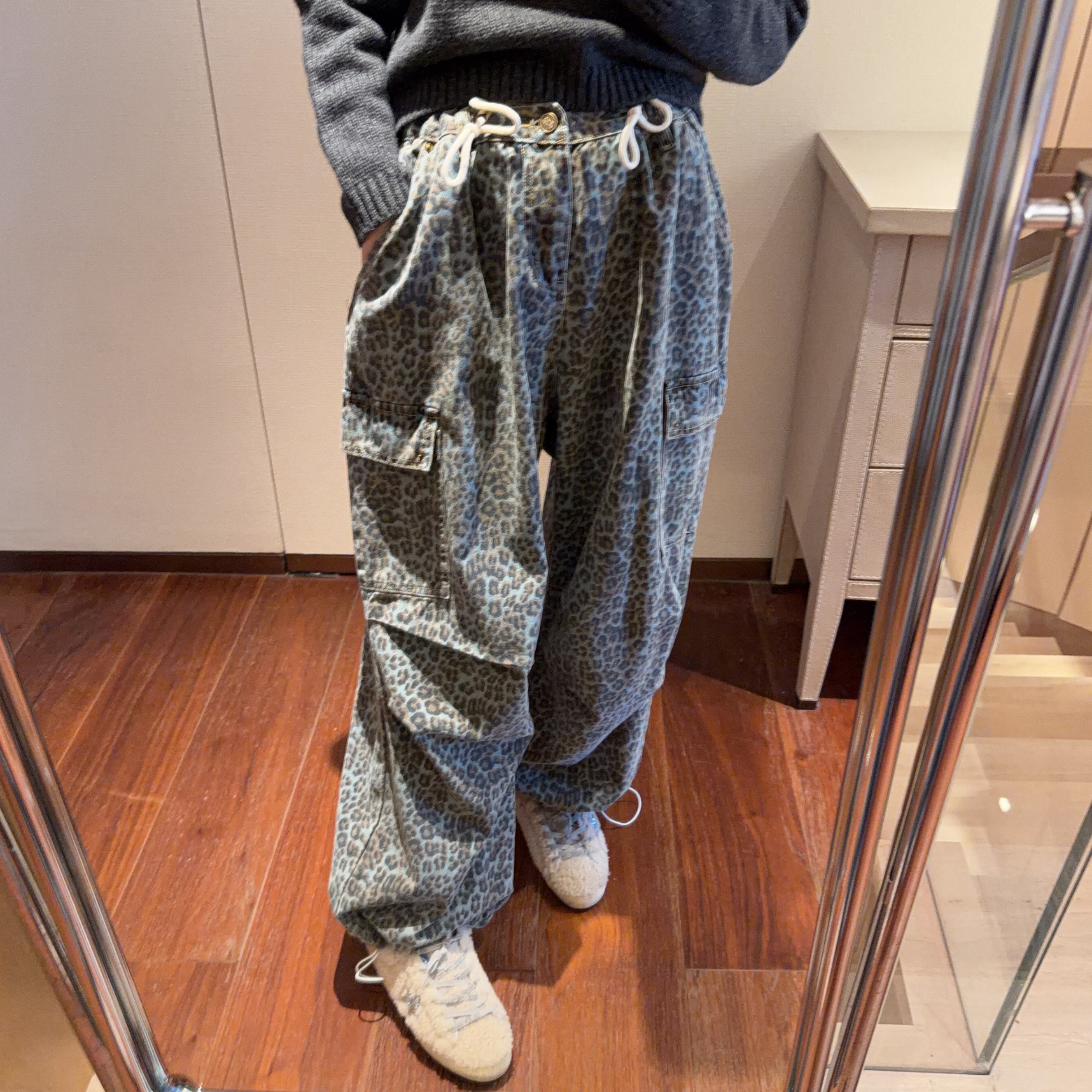 【张静芝】韩国新品~洋气黑灰豹纹侧口袋抽绳宽松百搭女生休闲裤