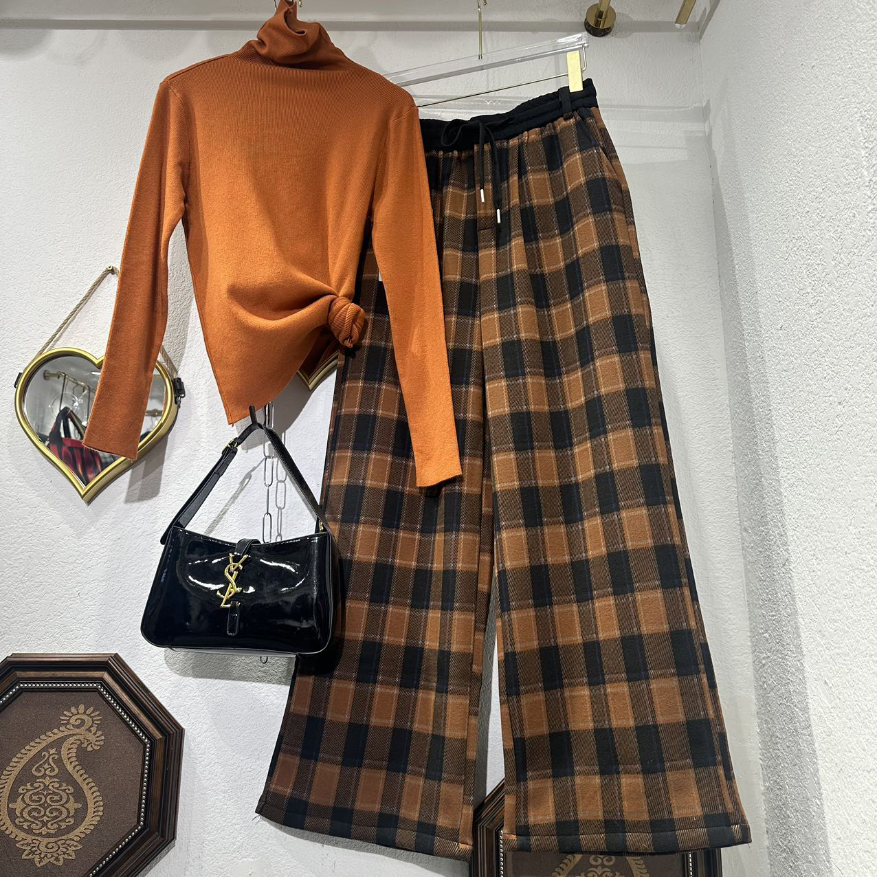05高腰加绒加厚格子阔腿裤女冬季新款韩系显瘦百搭宽松休闲长裤