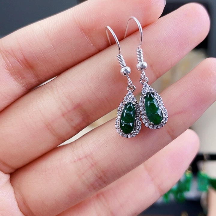 翡翠耳饰银S925镶嵌饰品