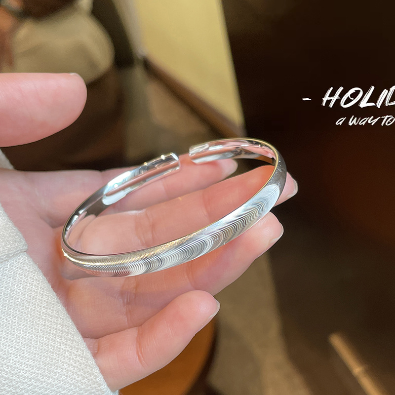 足银手镯 猫眼银手镯女纯银999拉丝开口实心足银镯子情人节送女友