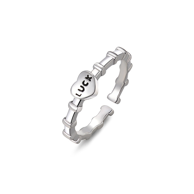 足银戒指 S999纯银幸运luck爱心戒指复古足银开口戒小众