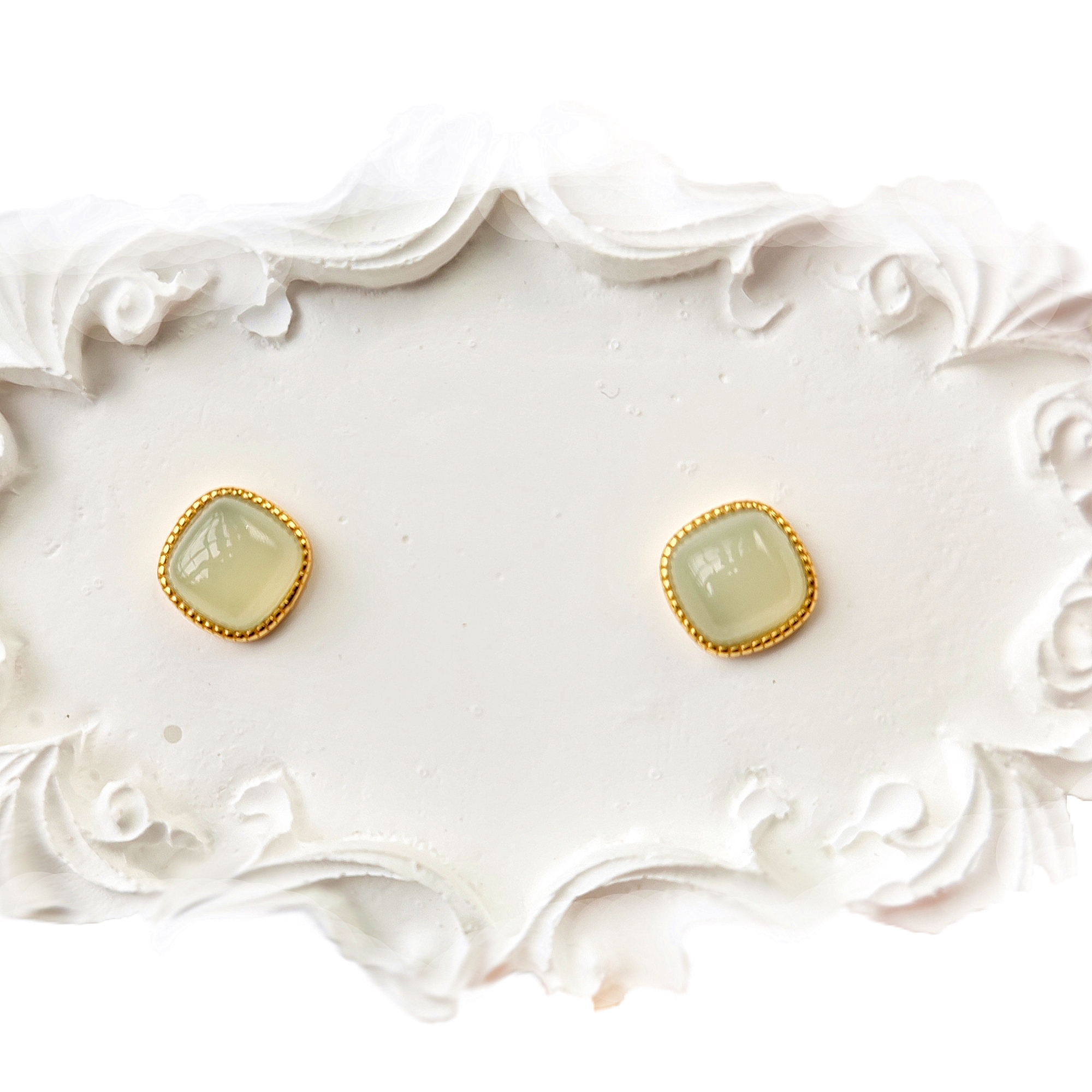 6mmS925银猫眼和田玉方糖款耳钉白猫眼款方形蛋面耳饰百搭气质