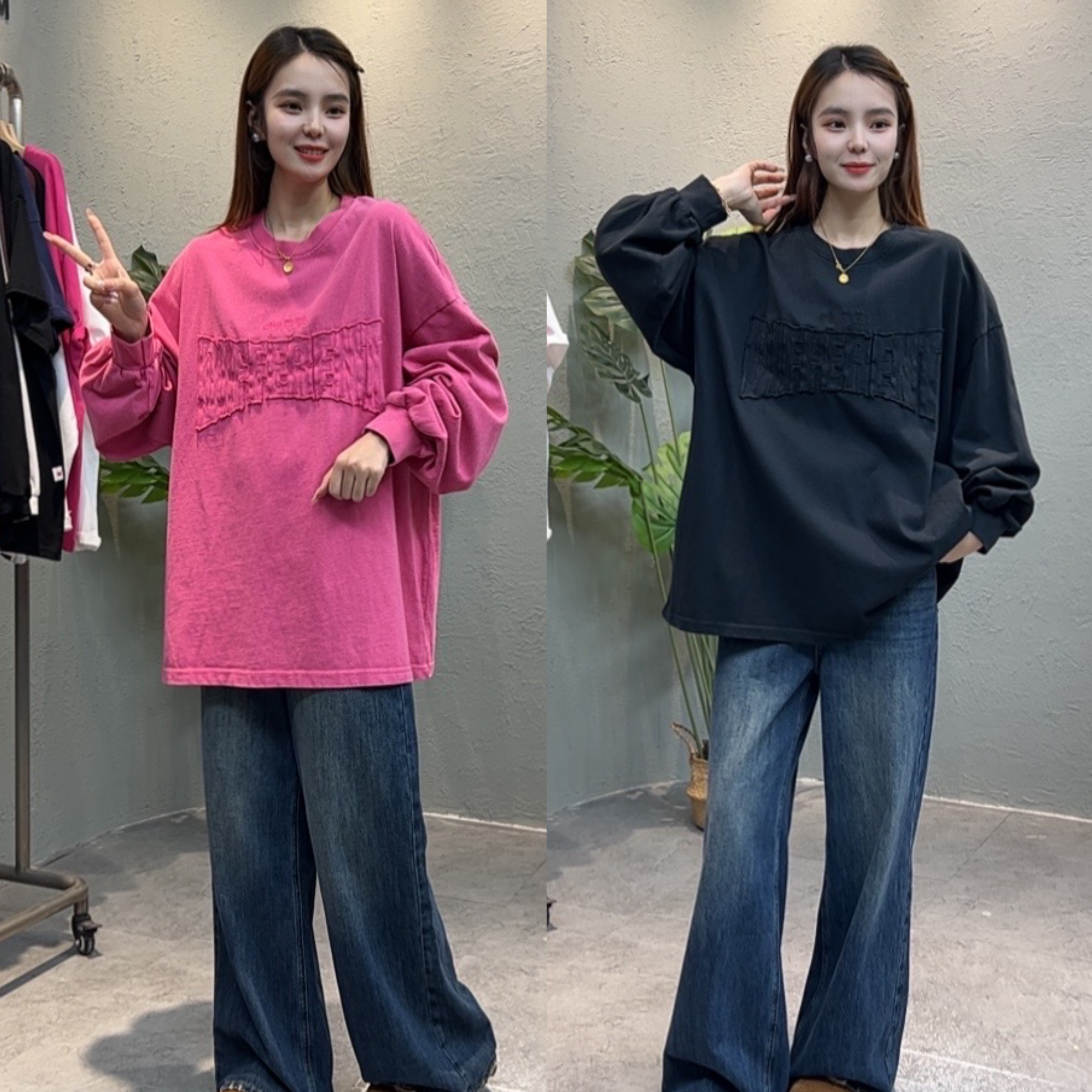 YM9623秋季新款韩版重工做旧贴布字母圆领套头长袖T恤上衣女