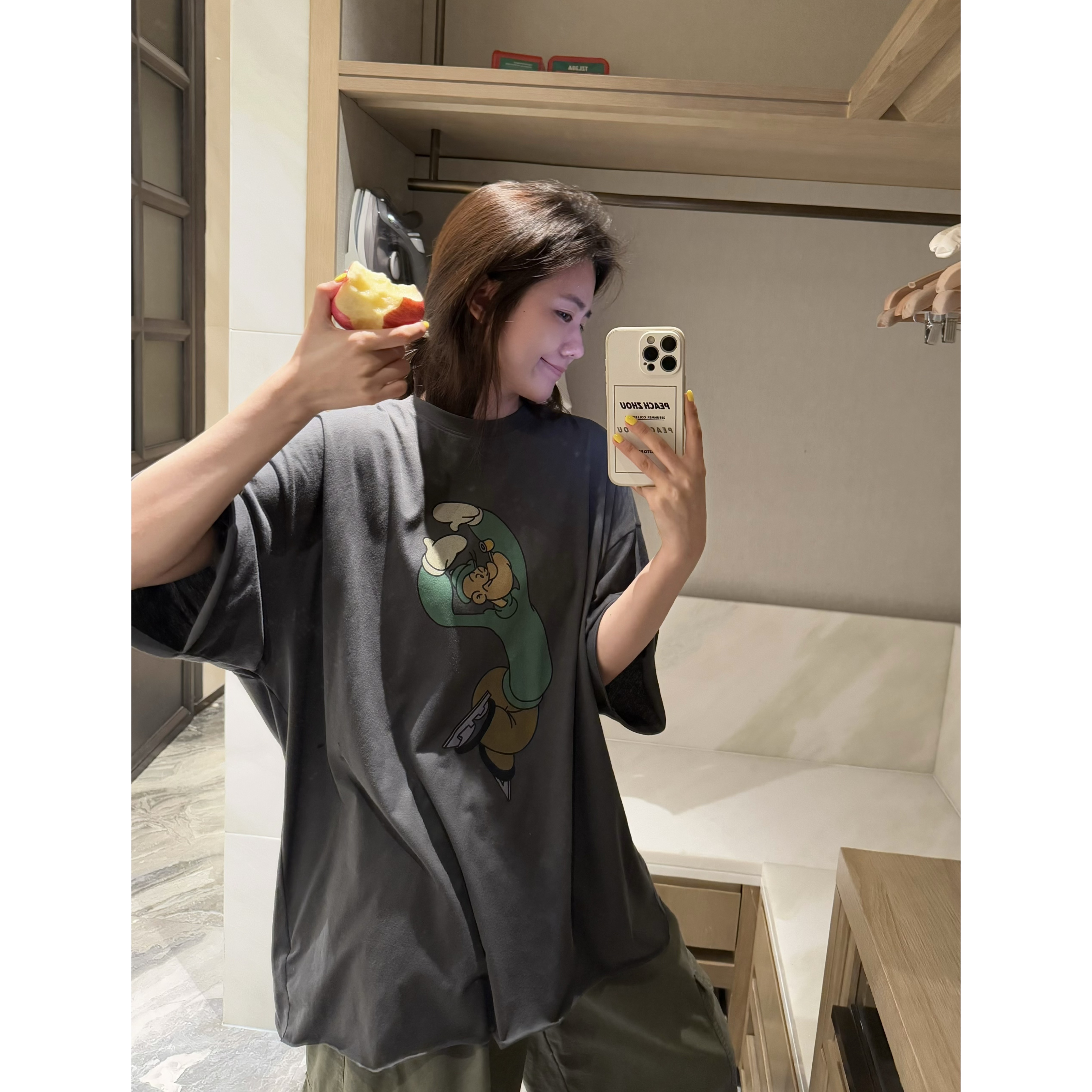 PEACHZHOU 40支棉大力水手印花散边宽松圆领短袖oversize卡通T恤
