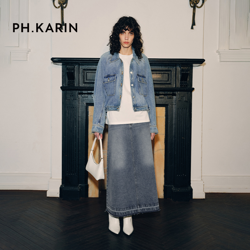 PH KARIN复古宽松重工水洗做旧牛仔外套女高级感小众设计春秋上衣