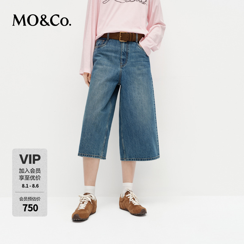 MOCO牛仔中裤2025春新品棉质中腰美式街头洗水七分裤MBE1SOTT03