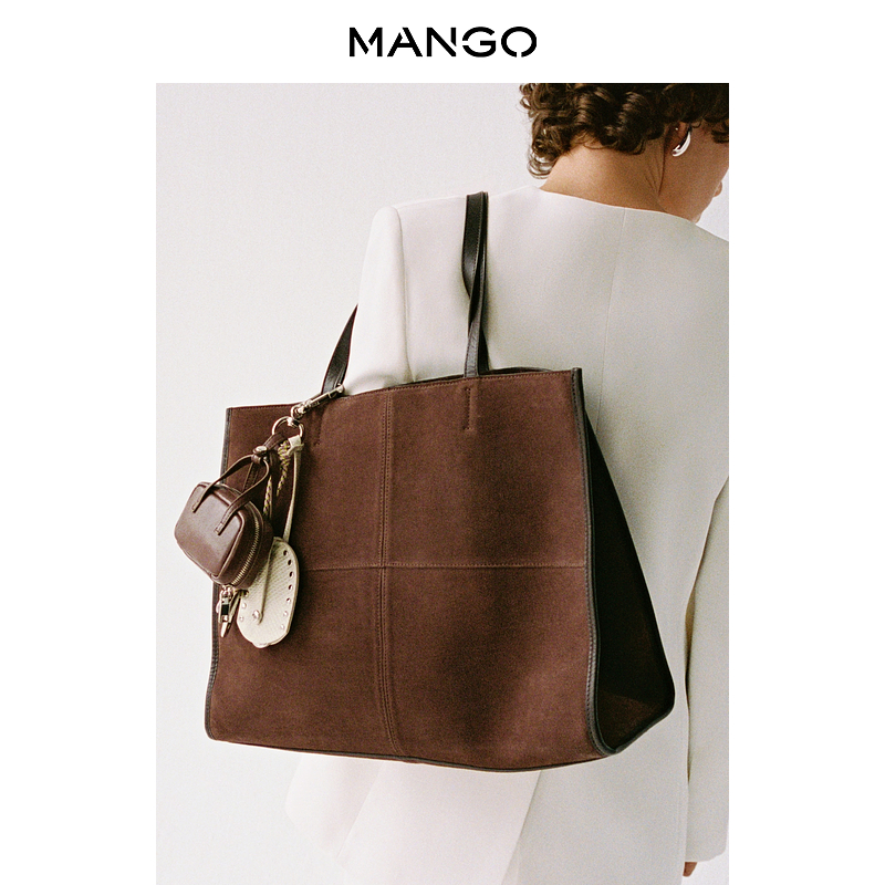 MANGO女装包包2025秋装新款牛皮绒面革带内衬大容量通勤托特包