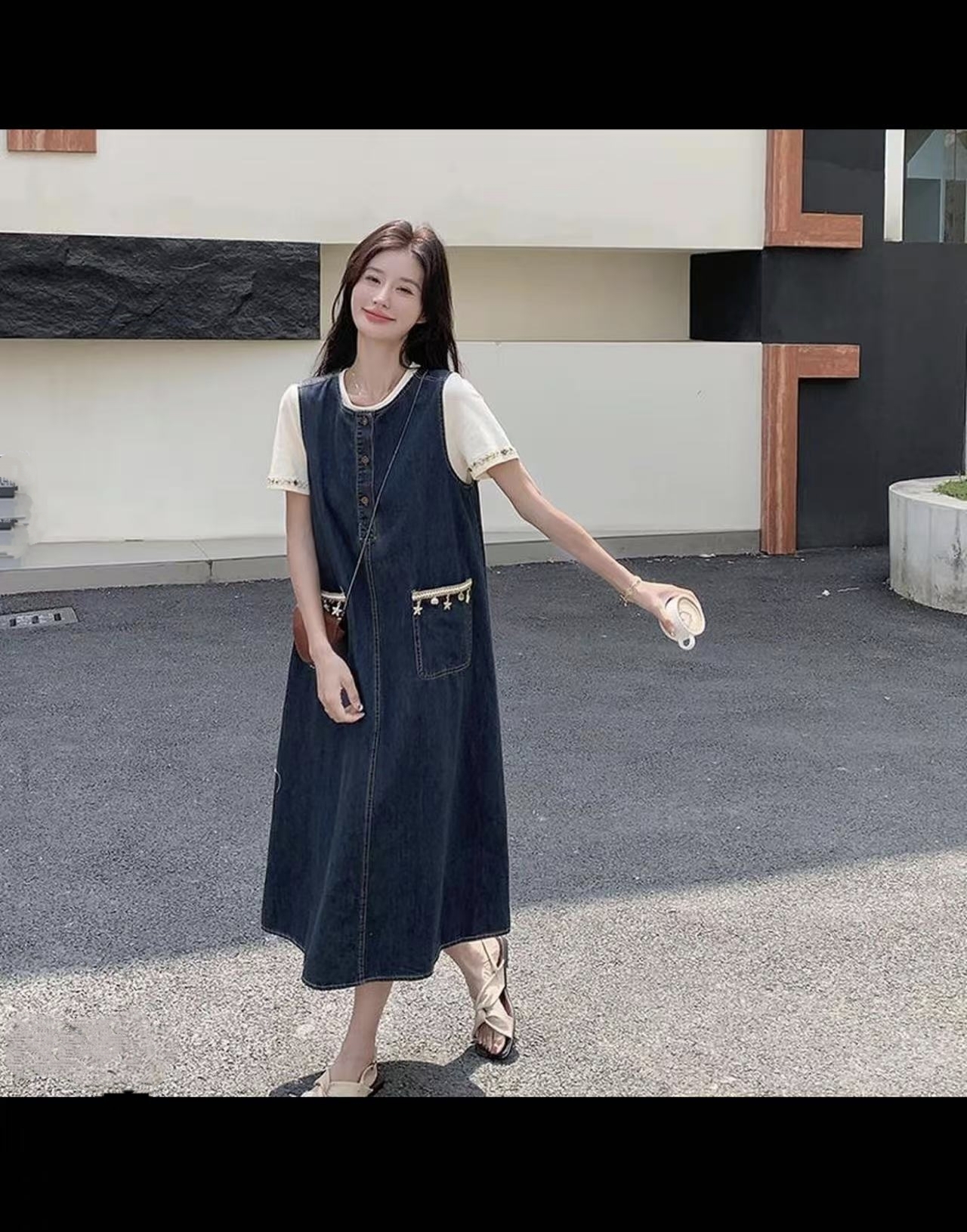 夏季新款大码8859-1复古气质显瘦新款短袖＋牛仔背带裙两件套