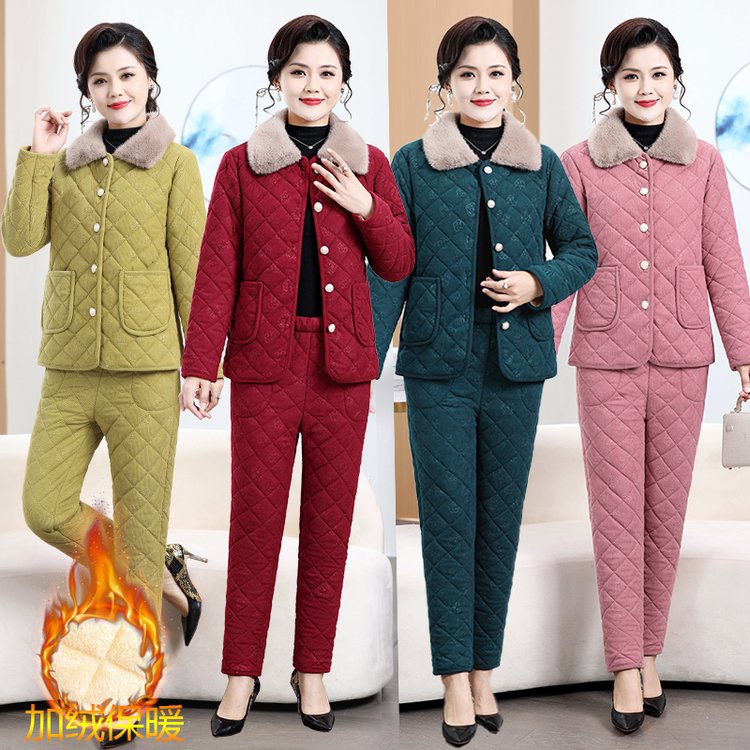 时尚妈妈棉服加绒加厚棉衣套装中老年冬季保暖棉袄棉裤两件套2419