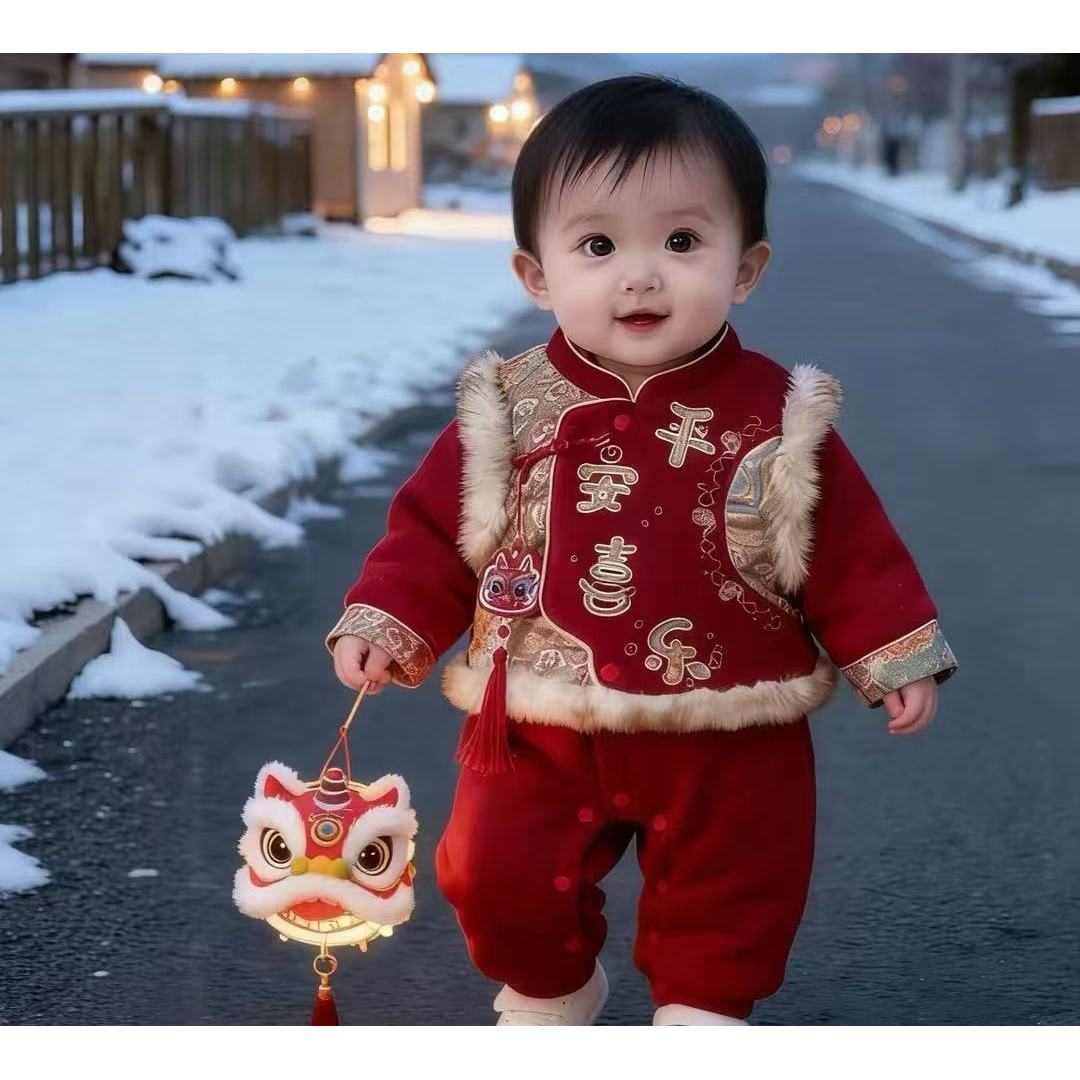 冬季宝宝平安喜乐偏开马甲中厚棉哈衣两件套【跳跳糖】