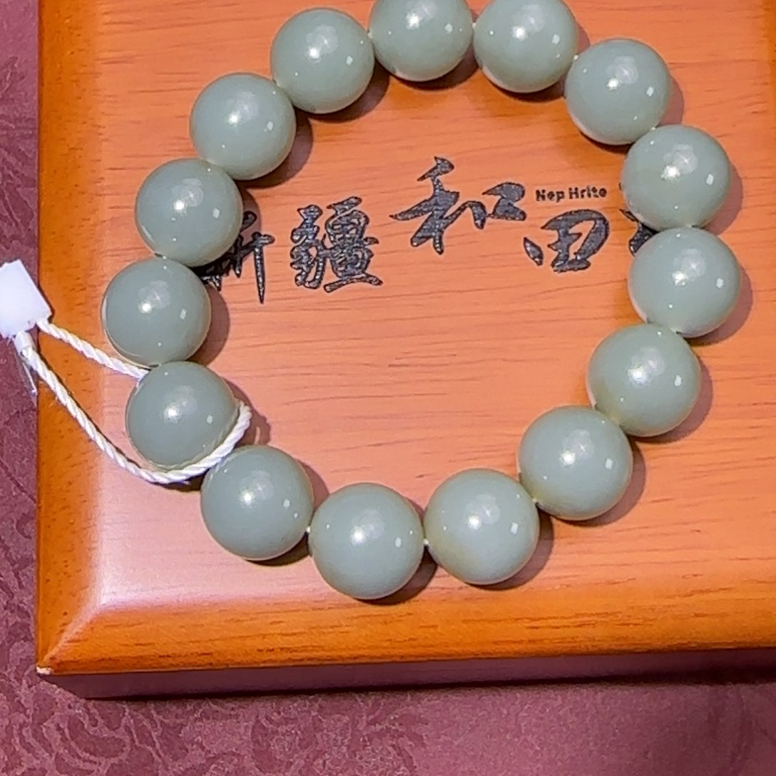 未镶嵌手串和田玉若羌糖青白圆珠手串微色差卡14