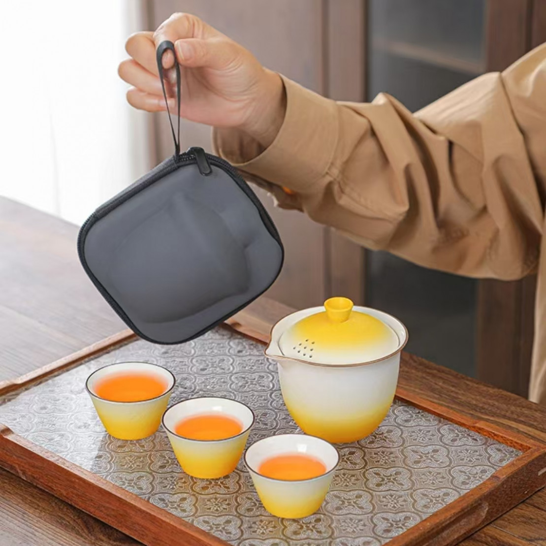 粗陶【渐变黄】一盖碗3杯旅行茶具套装LC