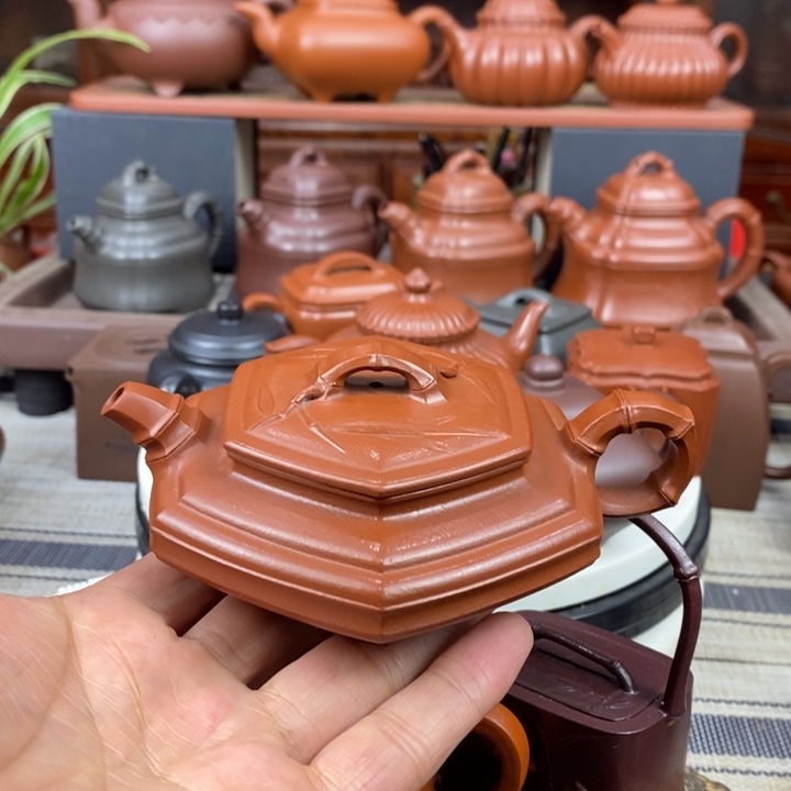 紫砂茶壶六方扁竹150cc原矿赵庄朱泥特价