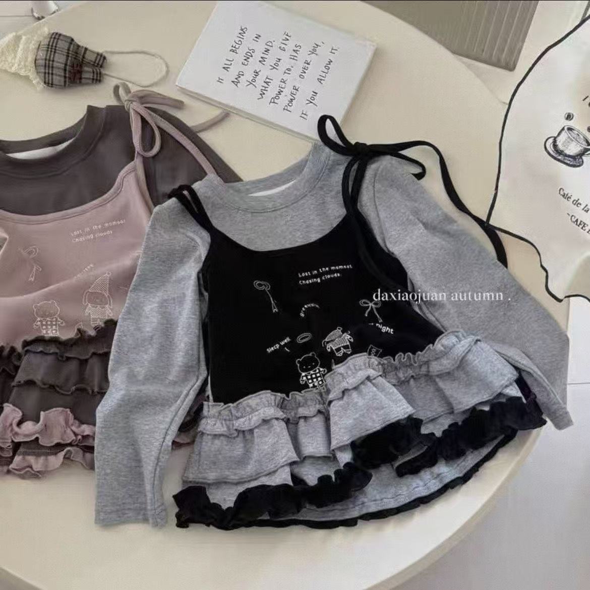 女童春秋长袖T恤2025新款儿童时髦假两件打底衫宝宝百搭休闲上衣t