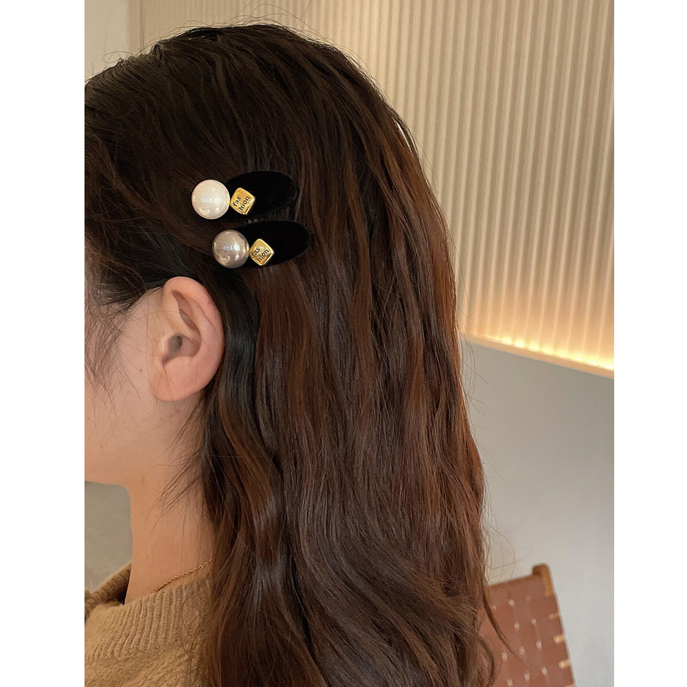 秋冬黑色复古丝绒鸭嘴夹珍珠迷你小号发夹前额刘海夹侧边夹碎发夹