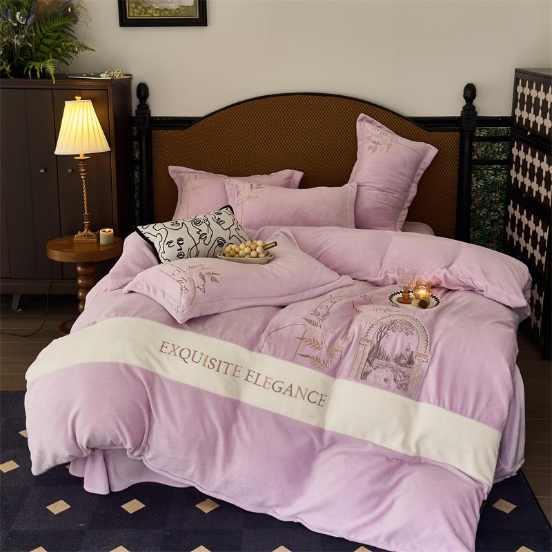 【晴美】高克重牛奶绒刺绣四件套-伦敦庄园-紫