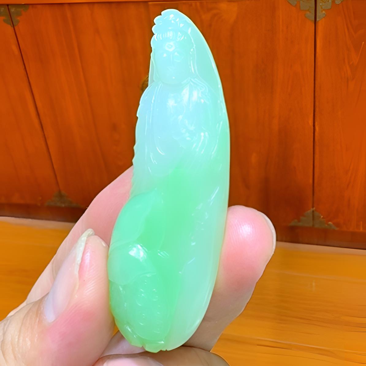 和田玉翠青观音莲花饰品手工雕刻观音男女通用款项坠挂件