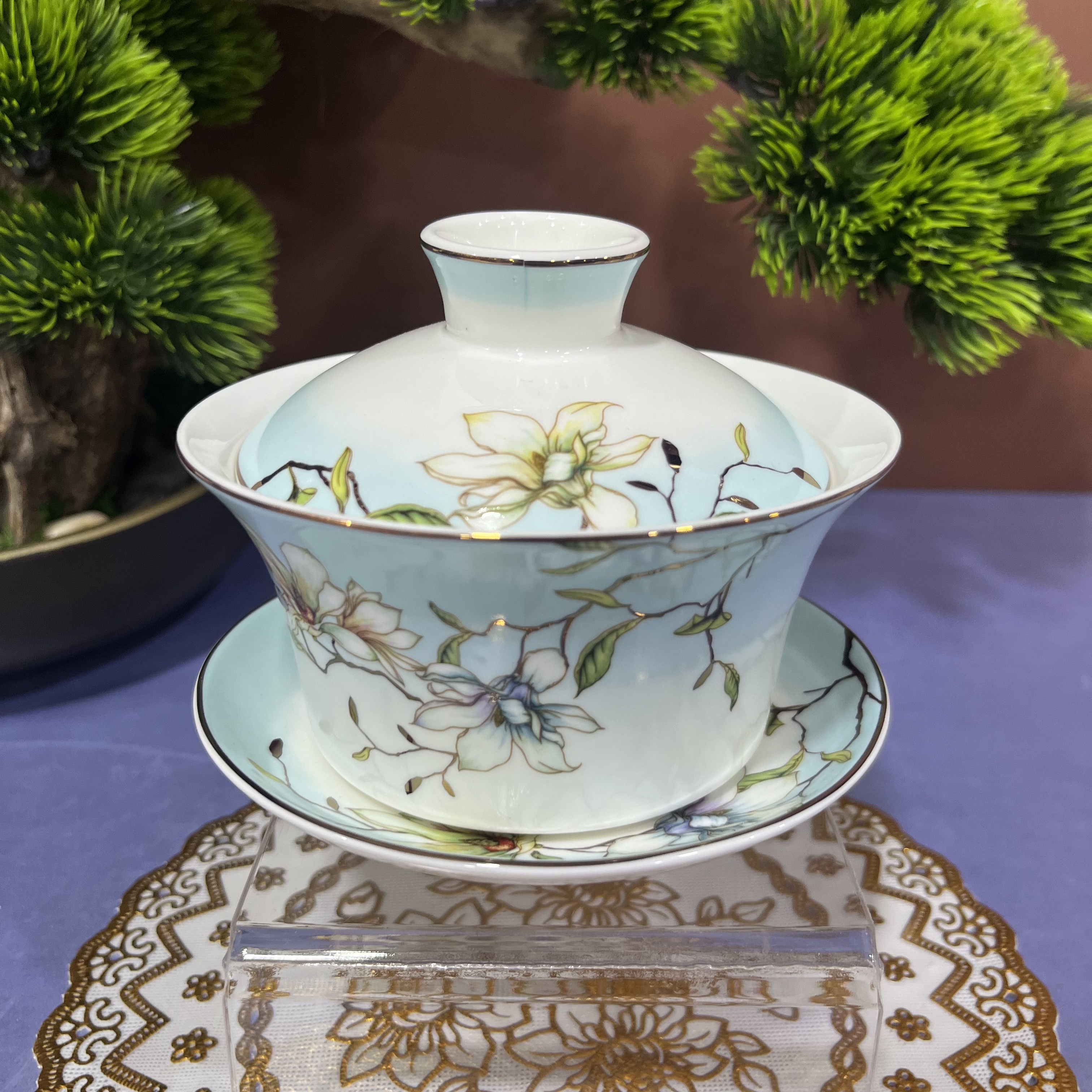 4.5寸青花瓷盖碗珐琅彩山水彩描金陶瓷