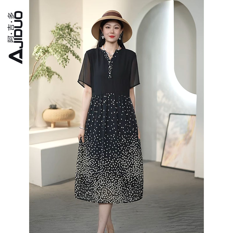 阿吉多大码胖MM短袖拼接连衣裙女夏季新款高级拼接大摆印花裙子