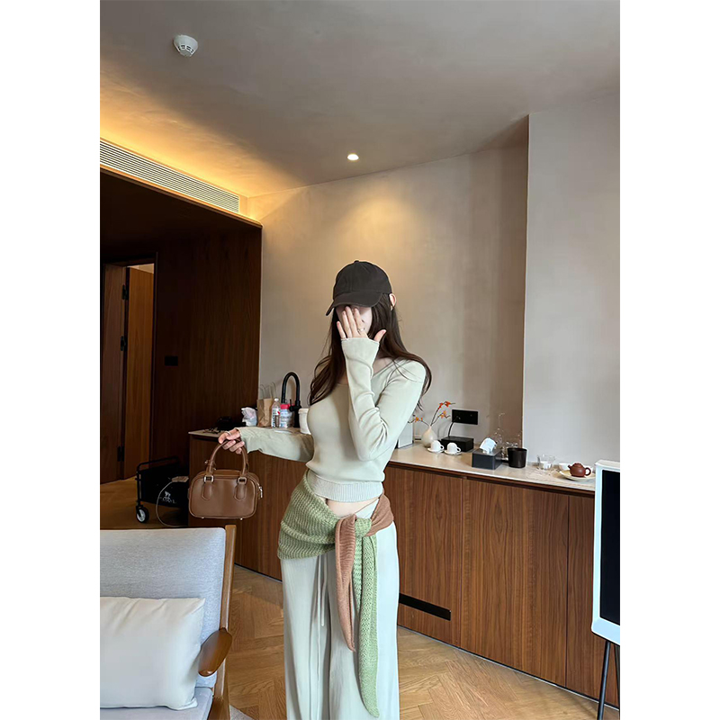 早秋穿搭独特好看小香风休闲纯色针织t恤长袖上衣休闲阔腿裤子女