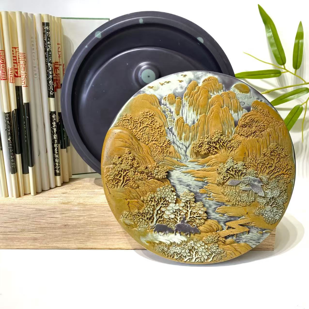 中国彩砚攀枝花苴却砚台纯天然石色盖砚《溪山牧归图砚》纯手工雕刻