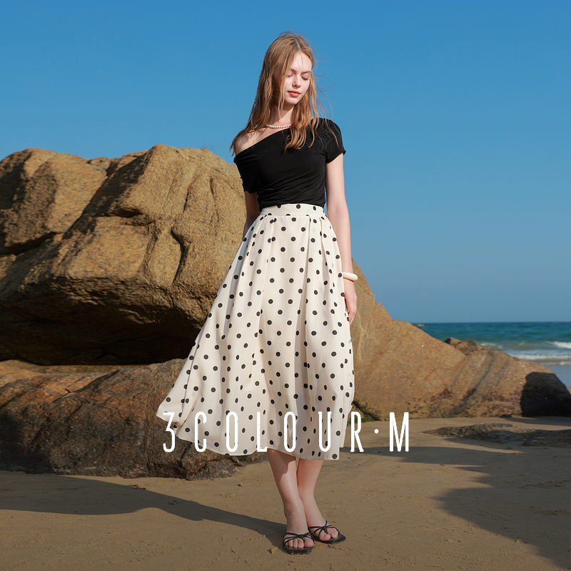 0667三彩2025夏季新款法式半身裙高腰松紧A字裙复古中长裙伞dbx