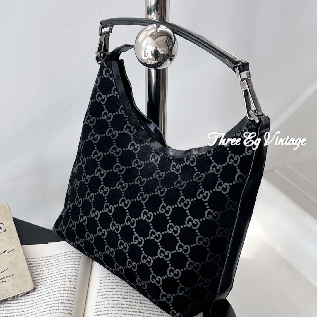 95新 GUCCI/古驰 黑银色反光老花拼皮牛角单肩腋下包/ThreeEg中古